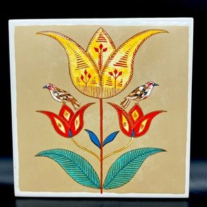 Vintage Folk Art Ceramic Tile Trivet With Tulips And Birds With Stand. 6 Inch